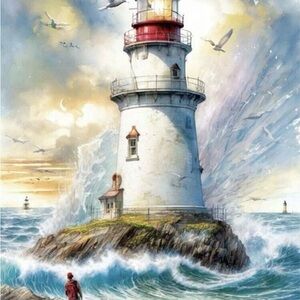 Coastal Lighthouse Art Print with Blue and White Hues